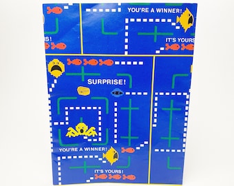 Vintage Buzza Gift Wrap Paper - Video Game - 1 sheet - Blue - Seems like an ocean themed Pac-Man Design - Gibson Greetings - USA