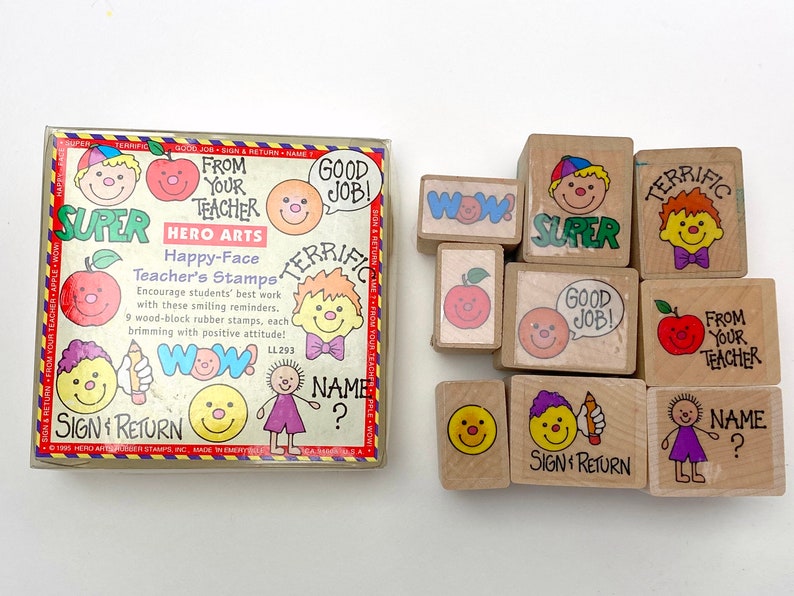 School Stamps Vintage 1995 Hero Arts Teacher/'s Wooden Rubber Stamps Good Job Happy Face Teacher Stamps Set of 9 All Night Media
