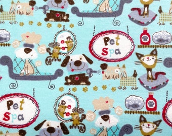 Pet Spa Fabric - 100% Cotton Flannel - Dog Cat Mouse Poodle on Light Blue Green - By The 1/4 Yard - For Pet Owners, Pet Lovers