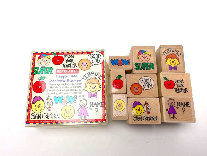 School Stamps Vintage 1995 Hero Arts Teacher/'s Wooden Rubber Stamps Good Job Happy Face Teacher Stamps Set of 9 All Night Media