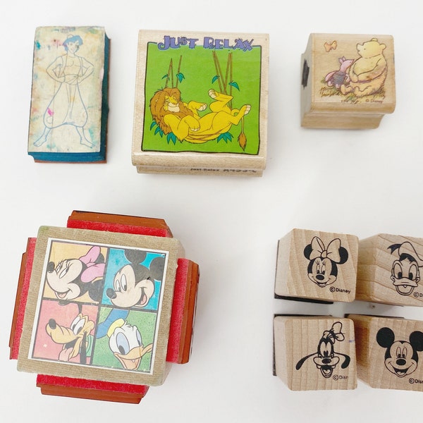 Vintage Disney Rubber Stamps - Rubber Stampede, All Night Media -  Aladdin Lion King Winnie the Pooh Piglet Mickey Friends Cube, Set of 4