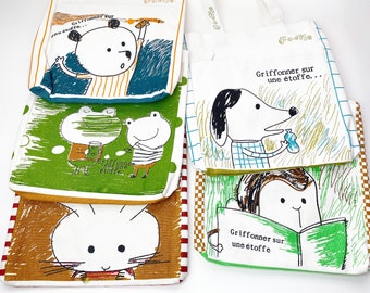 Vintage Shinzi Katoh Tote Bag - Cotton Canvas - Griffonner sur une étoffée - Dog Bear Bunny Rabbit Frog Monkey - Grocery Shopping Book Bag