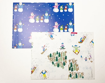 Vintage Kids Winter Holiday Gift Wrap, 1 sheet (20" x 30") - Christmas, Hannukah - Snowmen Skiing - Artwork by Children - Save the Children