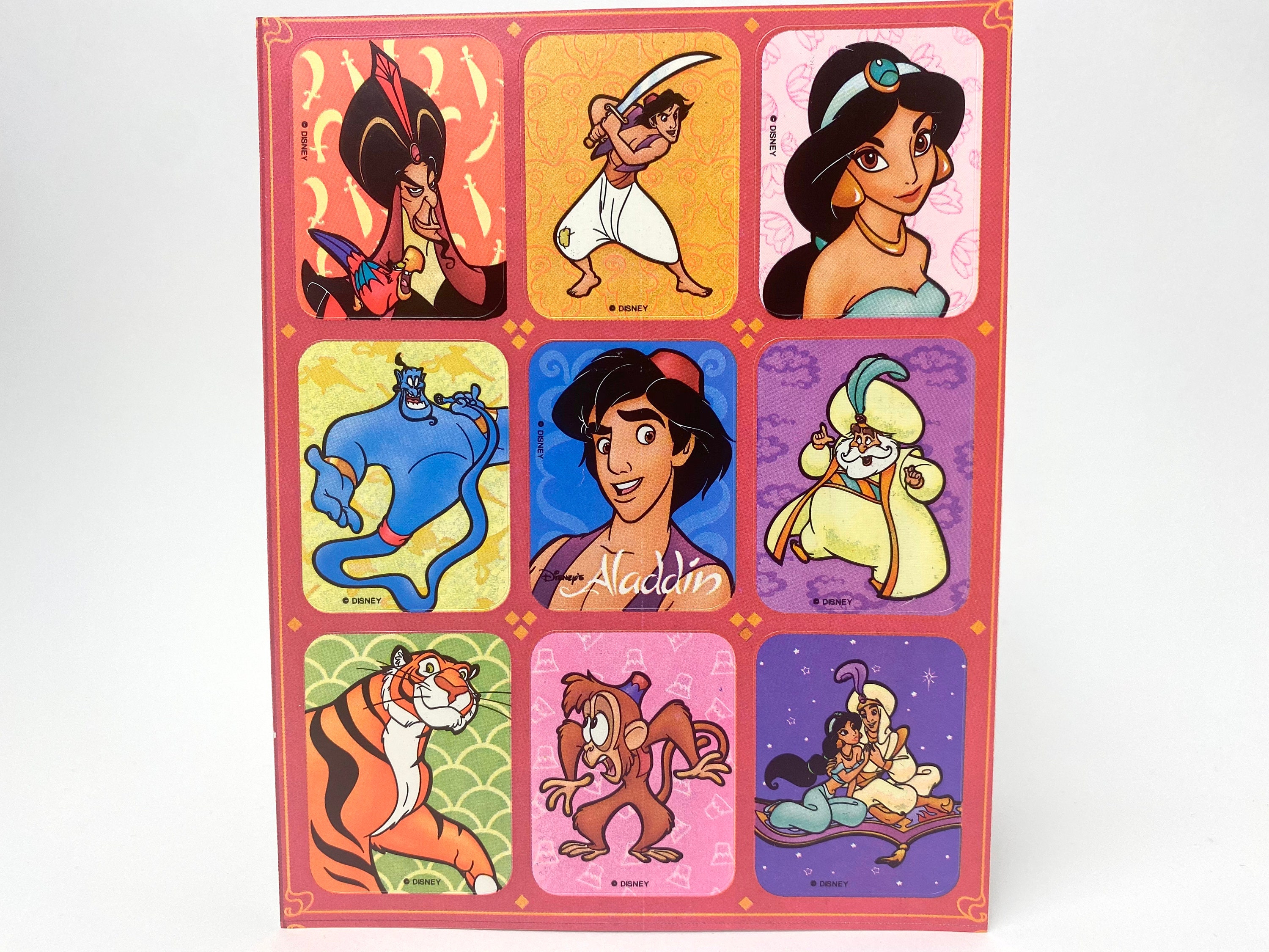 Vintage Aladdin Sticker Sheet by Cleo, Gibson Greetings - 90s Disney Movie - Jasmin, Genie, Rajah, Abu, Sultan, Jafar - Arabian Nights