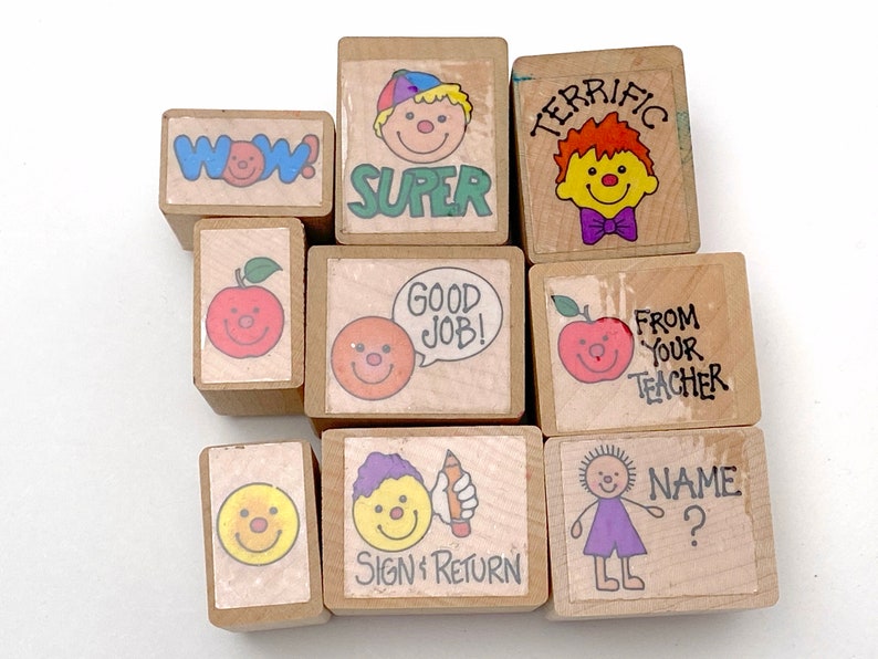 School Stamps Vintage 1995 Hero Arts Teacher/'s Wooden Rubber Stamps Good Job Happy Face Teacher Stamps Set of 9 All Night Media