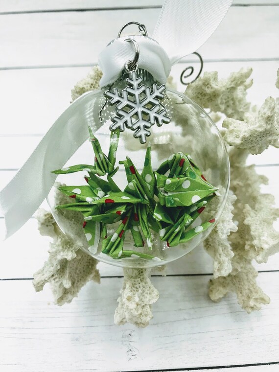 Snowflake Glass Ornament Filled With Origami Paper Cranes