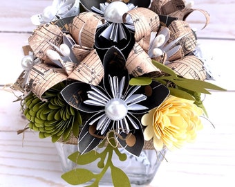 Custom made centerpiece, origami paper flowers, sola wood.