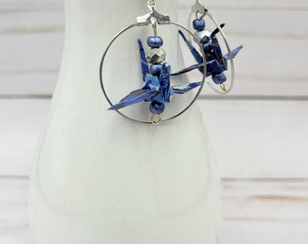 Origami crane earrings, sterling silver, asian, paper jewelry