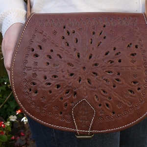 Handmade Real Leather Saddle Handbag Vintage Style Cutwork in brown