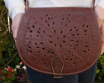 Brown Leather Saddle Bag – Handmade Cutwork Tooled Crossbody, Artisan Gift