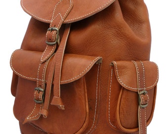 Large Rustic Leather Backpack Rucksack in Tan