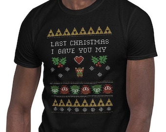 Vintage Retro 1980s 80s RPG Video Game Gaming Gamer Ugly Christmas Sweater Style Link to my Heart Funny Short Sleeve Adult Unisex T-Shirt