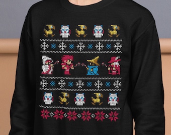 Cute Video Game Gaming Gamer Vintage RPG Final Fantasy Christmas Inspired Winter Fantasy Black Mage Moogle Chocobo Adult Unisex Sweatshirt