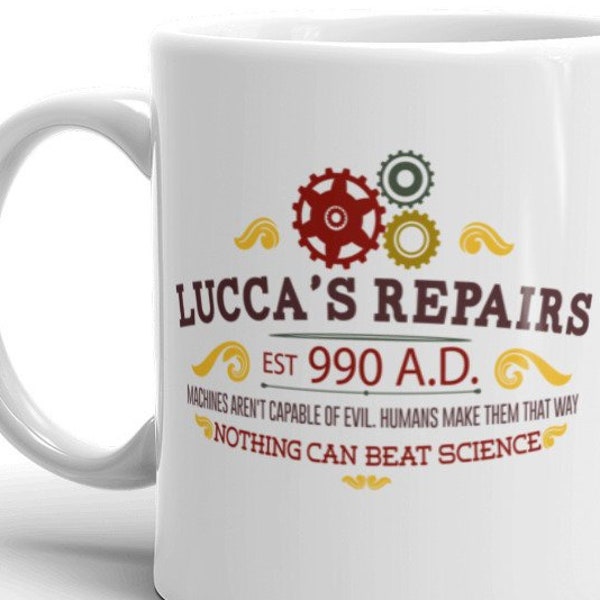 Vintage Gaming Chrono Tigger Video Game Inspired Lucca's Repairs Steampunk Dishwasher and Microwave Safe Ceramic Coffee Mug (11oz and 15oz)