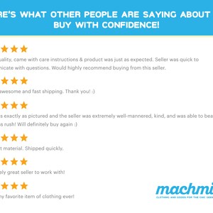 May include: A white background with text that reads "HERE'S WHAT OTHER PEOPLE ARE SAYING ABOUT US! BUY WITH CONFIDENCE!" followed by customer reviews and a logo for machmigo, a clothing and goods store.