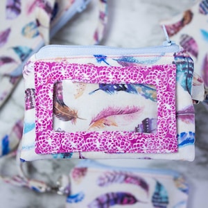 ID Wallet Lanyard Watercolor Feather Fabric, Student ID Holder, Keychain Wallet, Coin and Money Pouch