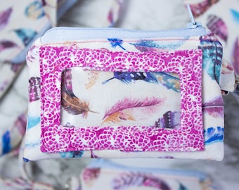 ID Wallet Lanyard Watercolor Feather Fabric, Student ID Holder, Keychain Wallet, Coin and Money Pouch