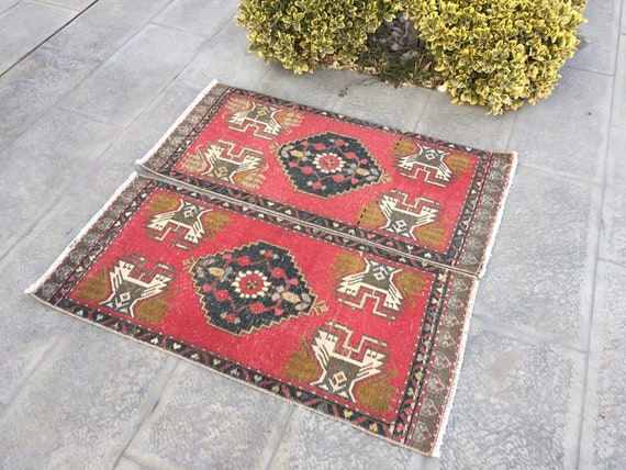 赤いウールラグ 手織り 手織りウールラグセット：オリエンタルエントランスランナー（21x44/45