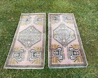 Handmade Turkish Wool Rug: Small Traditional Doormat Pair