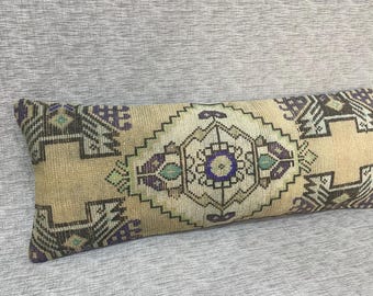 Vintage Wool Kilim Lumbar Pillow Cover - 14x36 Boho Throw Pillow, Extra Long Bed Pillow