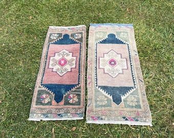 Pair Handwoven Wool Turkish Rugs: Bohemian Bath Rug Set