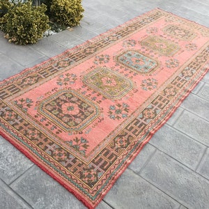 Handwoven Wool Turkish Rug: Vintage Pink Area Rug (4.6 X 11.6 ft)