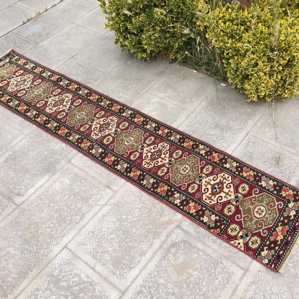 Vintage Narrow Runner, Traditional Motif Oriental Rug, Carpet Runner Rug, Table Runner, Handmade Turkish Rugs, 1.3 X 6.7 ft - 39 x 204 Cm