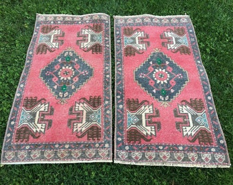 Pair Vintage Oushak Rugs: Handwoven Wool Turkish Rug Set