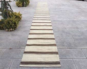 Handwoven Wool Kilim Rug Runner: Brown Striped Flatweave, 2.6 x 21.2 ft