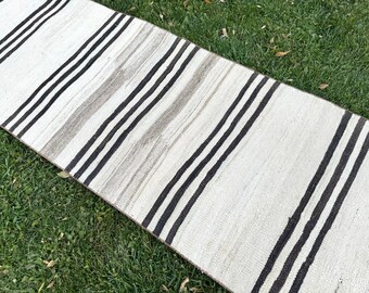 Handwoven Wool Kilim Rug Runner: 2.2 x 20.7 ft, Neutral Stair Rug