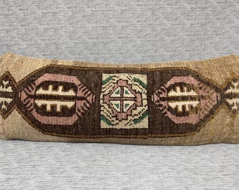 Vintage Wool Lumbar Pillow Cover: Long Brown Kilim Pillow, 14x37 inch