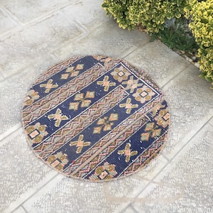Blue Roun Rug, Small Blue Rug, Entrance Rug, Patchwork Handmade Rug, Bath Rug, Bathroom Rug, Blue Decor, Blue 77 x 77 Cm - 39” x 30” Inches