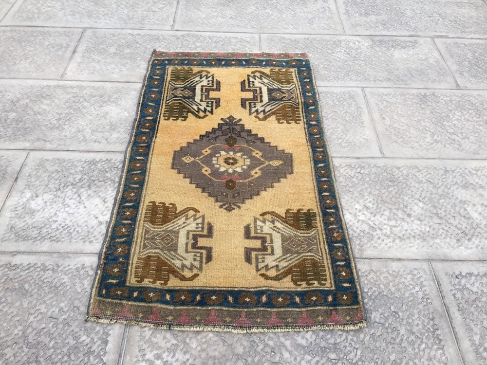 Small Vintage Wool Door Mat Antique Traditional Motifs Carpet Etsy