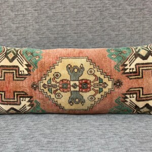 Long Handmade Carpet Pillow Lumbar Cover, Bohemian Long Pillow, Bed Pillow Case, Wool Vintage Pillow 14”x34”