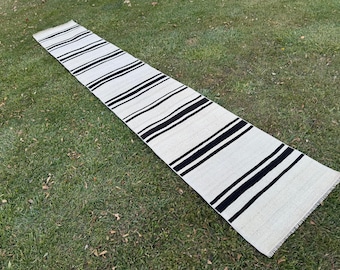 Handwoven Wool Kilim Rug Runner: Black Striped Bohemian Decor (2.1 X 13 ft)