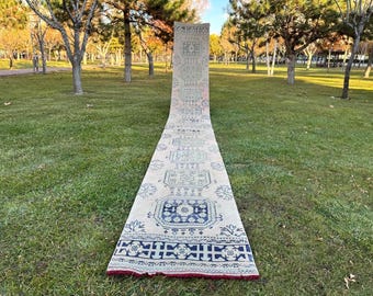 Alfombra de pasillo Oushak turca vintage de lana: Alfombra tejida a mano para recibidor (2,5 x 21 pies)