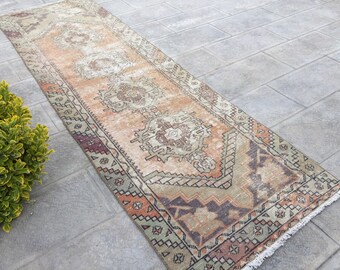 Handwoven Oushak Wool Runner Rug: Muted Orange Vintage Turkish Carpet (34”X113”)