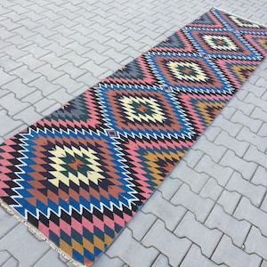 Rug RUNNER, Blue Rug, Blue Kilim Rug Runner, Boho Rug, Bohemian Kilim Rug Runner, Aztec Pattern Rug, 86 X 322 Cm Blue Runners 2.8 X 10.6 ft