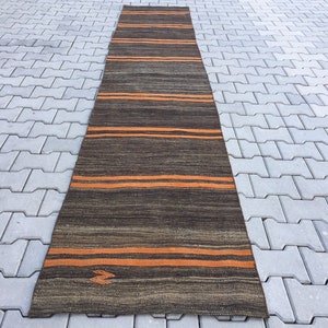 2.4 X 11.7 ft Flat Weave Runner Rug, Kilim Rug Runner, Natural Organic Hair Brown Wool with Orange Striped Hallway Runner Rug, Eco Friendly