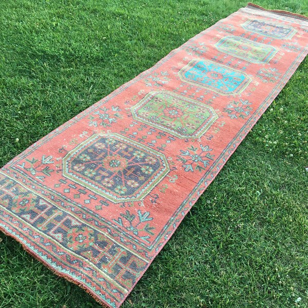Handgemaakt Turks wollen vloerkleed loper: gedempt vintage tapijt (36 x 146 inch)