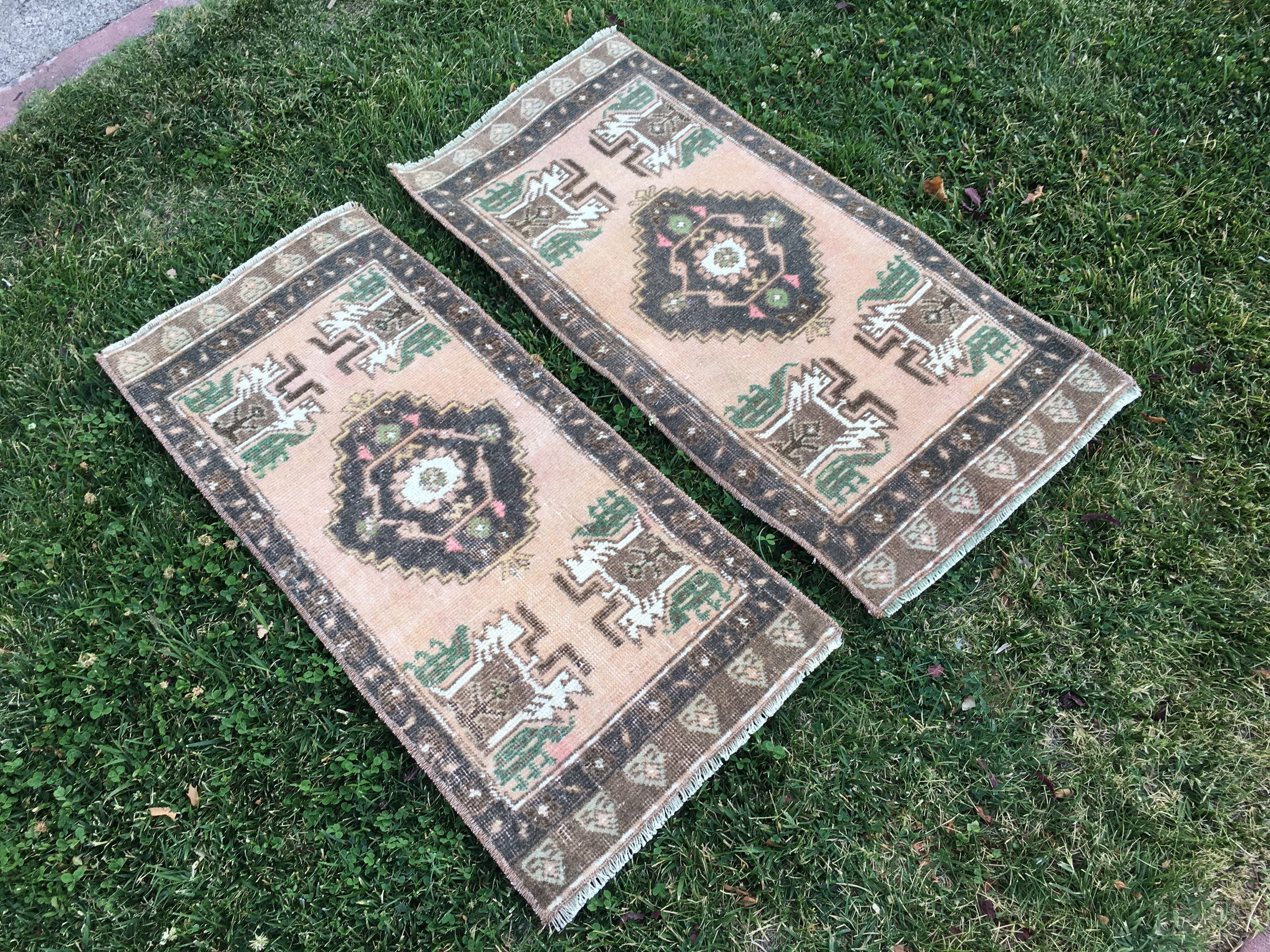 Handmade Turkish Wool Rug Set Vintage Motif Small Rugs