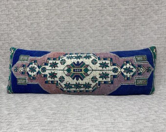Vintage Kilim Lumbar Pillow Cover: Bohemian Blue Wool (12x36 inch)
