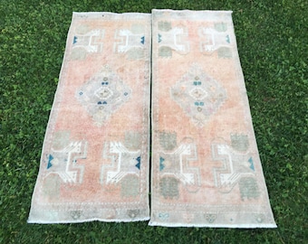 Handwoven Wool Oushak Rug Set: Small Vintage Bath Mats