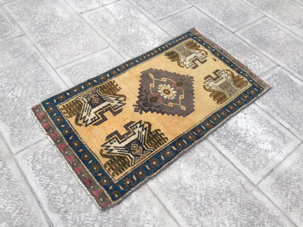 Small Vintage Wool Door Mat Antique Traditional Motifs Carpet Etsy