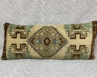 Cojín grande para banco de 14x34, almohada de alfombra antigua hecha a mano, almohada lumbar para cama