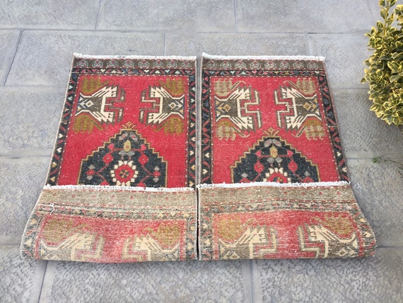 赤いウールラグ 手織り 手織りウールラグセット：オリエンタルエントランスランナー（21x44/45