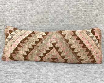 Kilim Pillow Cover, Organic Wool, Geometric Muted Pink Brown, 13x35