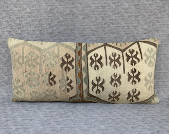 Long Kilim Lumbar Pillow Cover: Bohemian Wool Bed Pillow (16x36 inches)