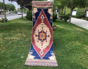 Handwoven Wool Turkish Rug Runner: Oushak Aztec Bohemian Rug (2.6 X 8.9 ft)