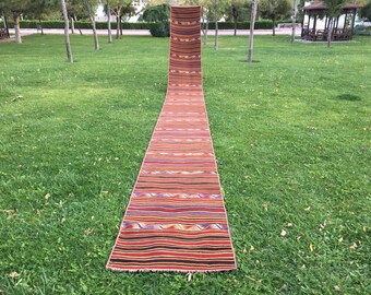 Alfombra Kilim de lana tejida a mano: Alfombra turca extra larga para escaleras